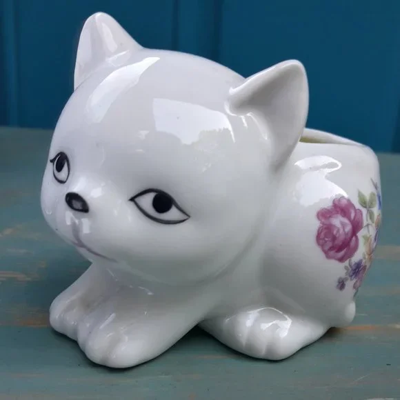 Vintage Ceramic Cat Planter Porcelain Cat Dish Candle Bowl Japan Flowers - Picture 10 of 16